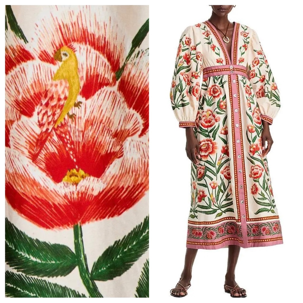 FARM Rio Cream Maxi Dress with Red Floral & Green Leaves